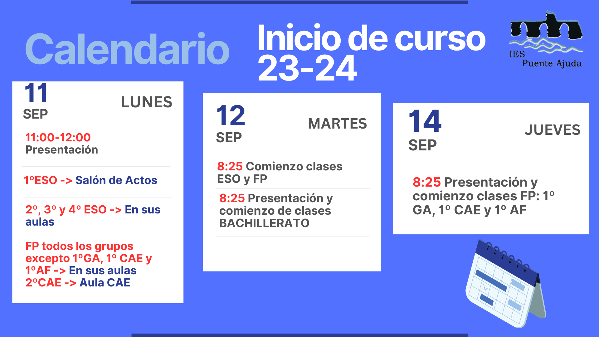 Calendario Inicio de curso ALUMNADO Web centro1
