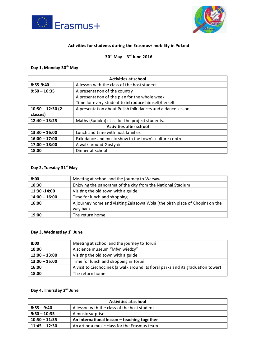 Activities for students during the Erasmus 1