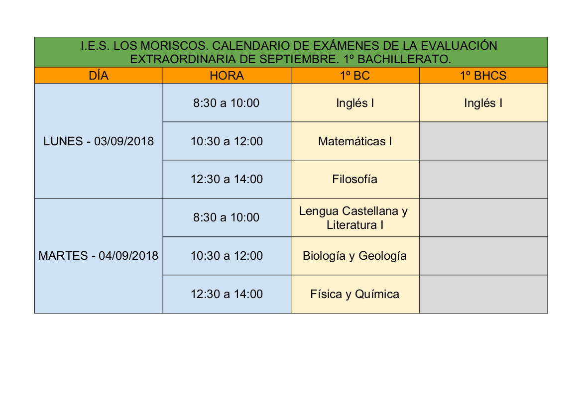 CALENDARIO SEPTIEMBRE 2018 BACHILLERATO