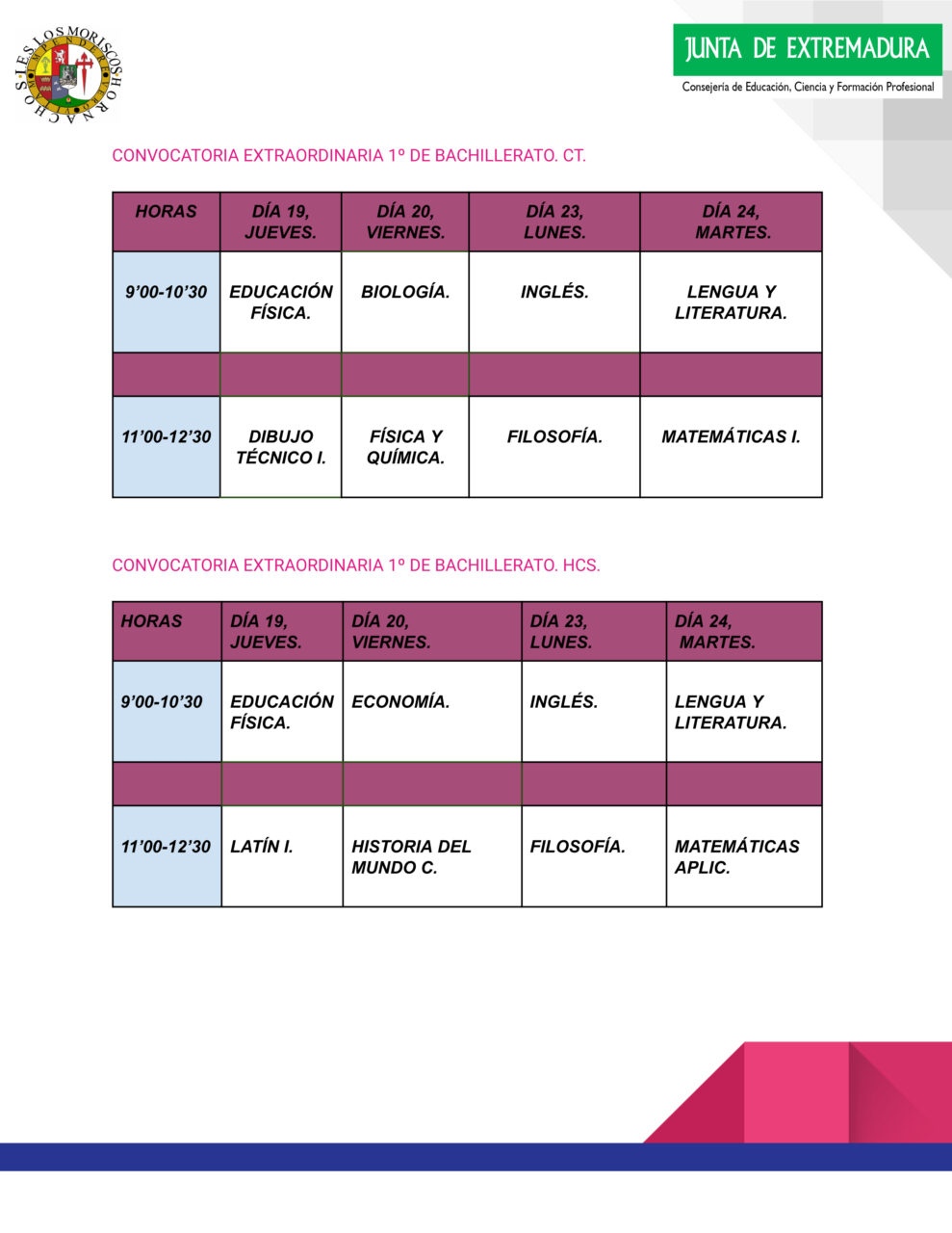 Calendario exámenes extraordinarios 1º Bachillerato curso 2024/2025