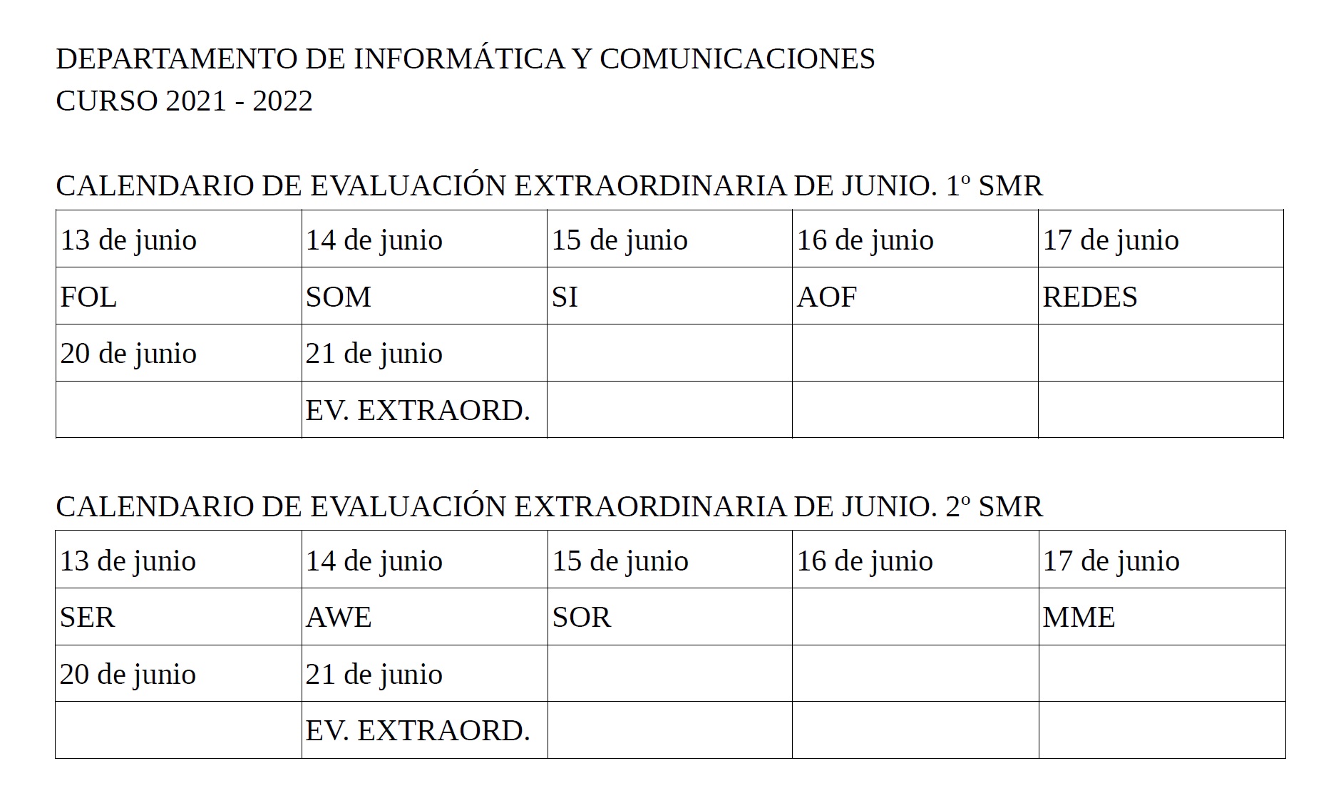 Calendario exámenes extraordinarios CF SMR junio22