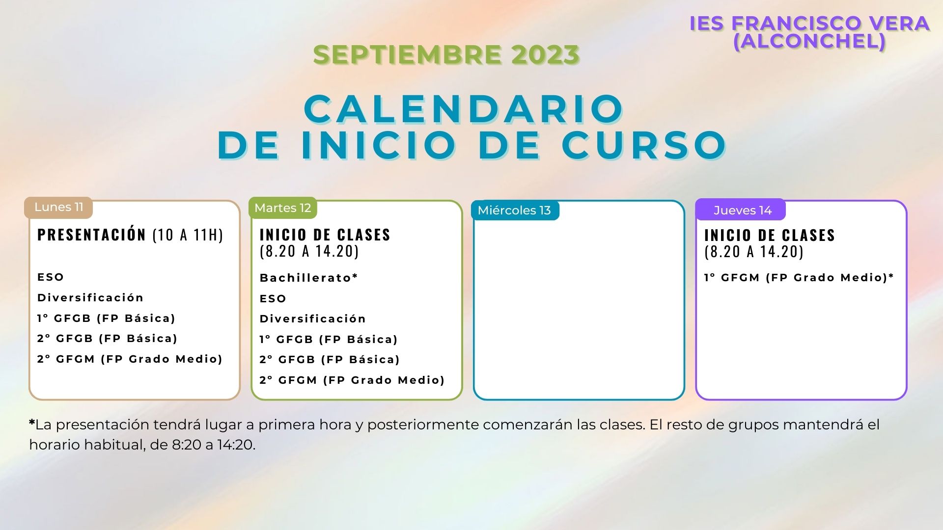 Calendario inicio de curso