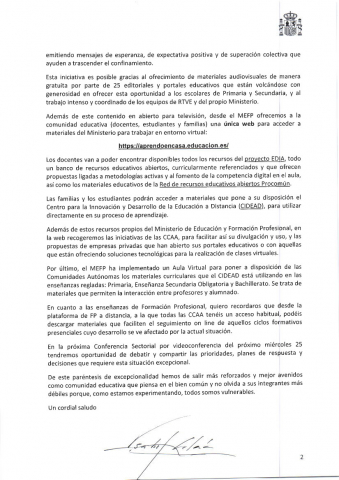 Carta de la Ministra de Educacion y Formacion Profesional