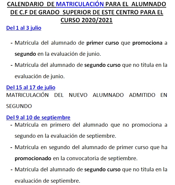 calendario matriculacion alumnos del centro Ciclos