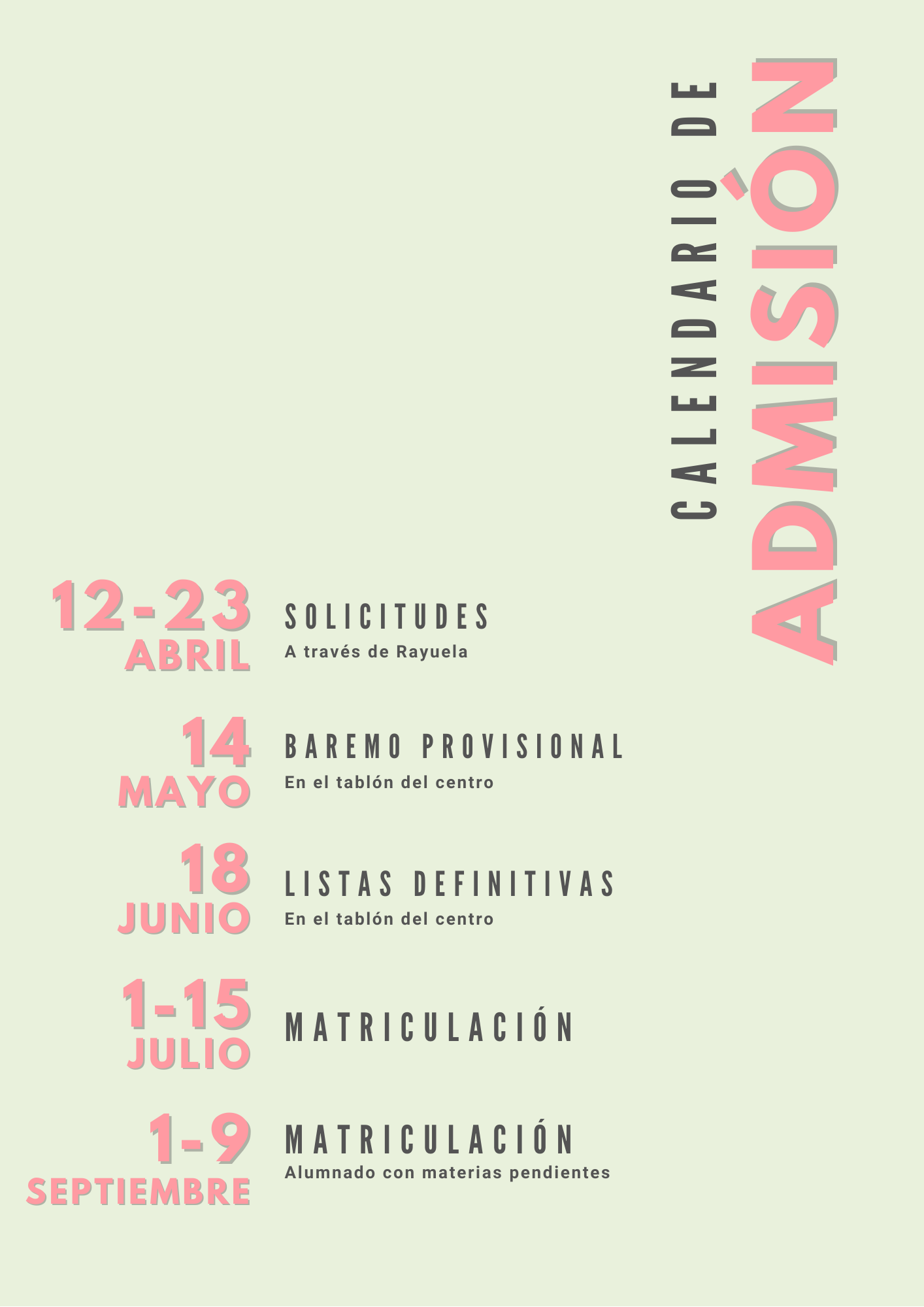 Calendario solicitud  admisión 2021-22